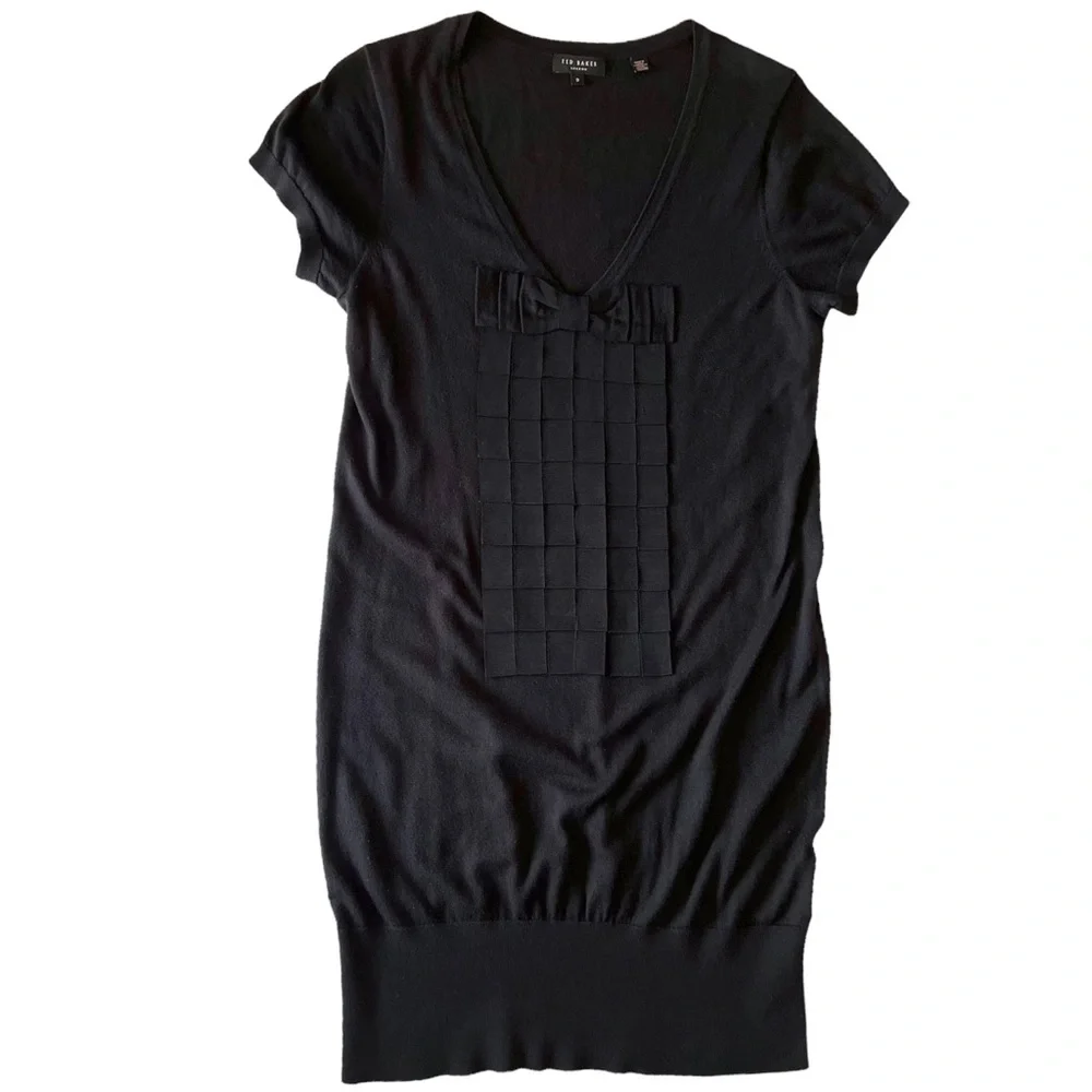 Ted Baker Black Cotton Knit V Neck Ribbon Dress | 3 (M) - Picture 7 of 10